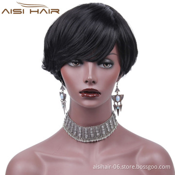 Synthetic Short Wavy Pixie Cut Wig With Bangs Natural Black Color Heat Resistant Fiber Wigs For African American Women